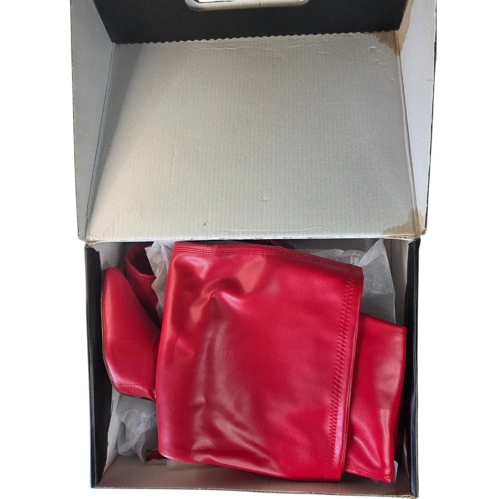 Fashion Nova Red Faux Leather Thigh High Stiletto Boots Pointed Toe Womens Sz 9